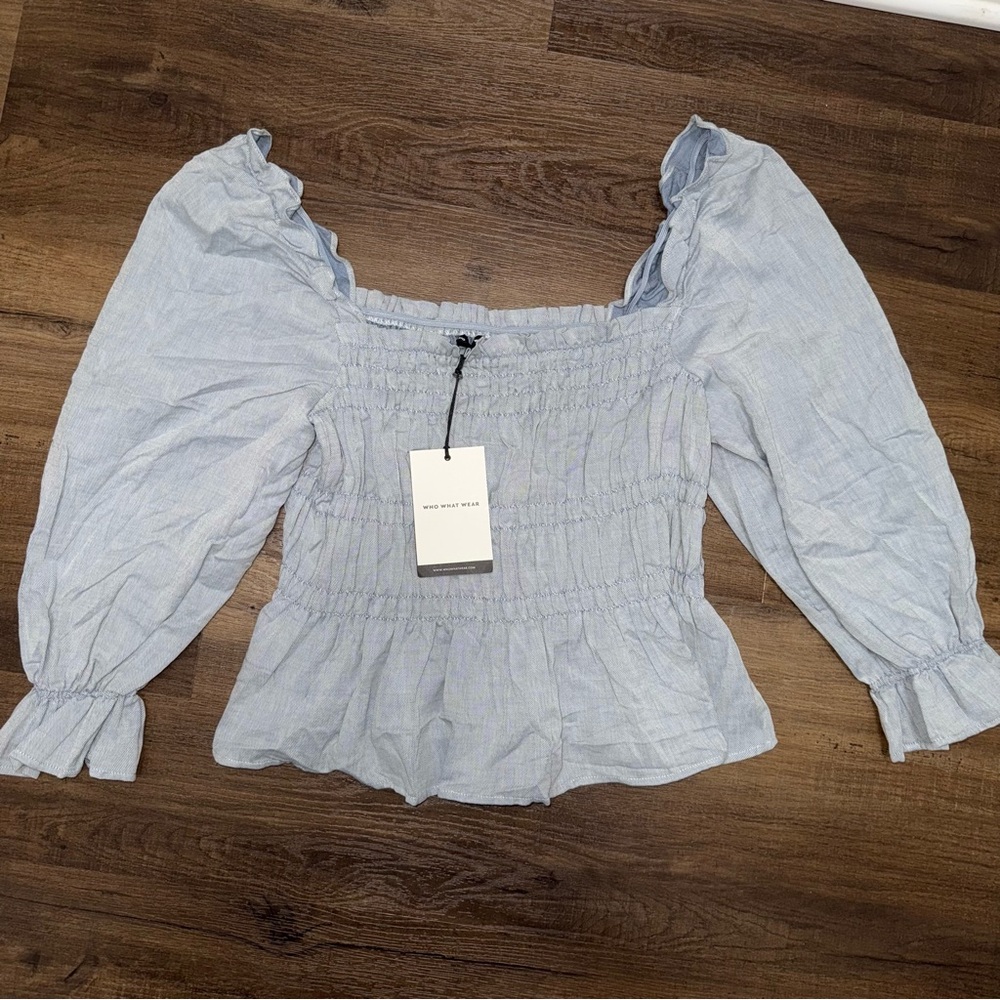 Smocked Square-Neck Top in Light Blue